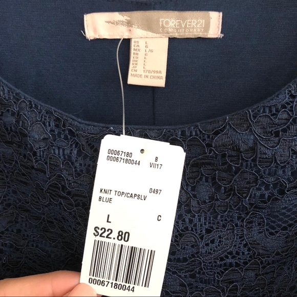 [ Sold ]  Navy Blue Lace Forever 21 Contemporary Blouse, L - Picture 3 of 4